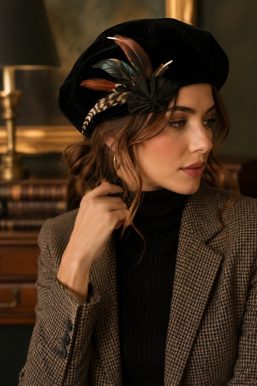 Ralph Lauren Black Label Velvet Feather Beret Hat Black Luxury Designer